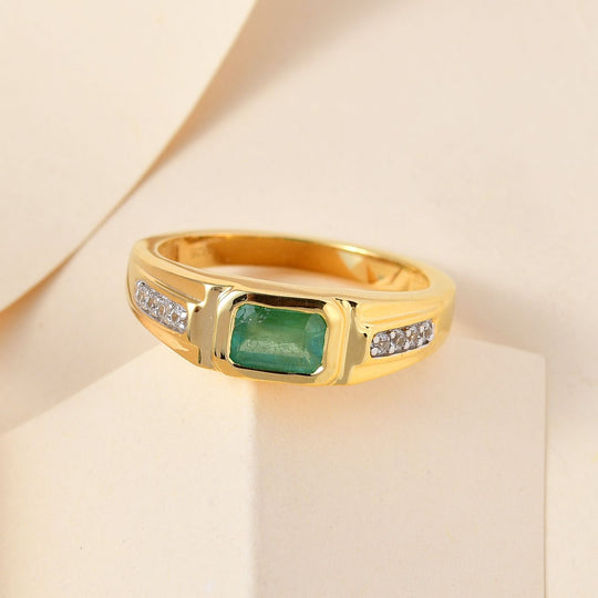 Kagem sambischer Smaragd und weißer Zirkon-Ring, 925 Silber Gelbgold Vermeil (Größe 20.00) ca. 1.09 ct