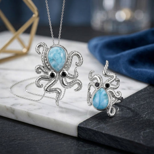 GP Trionfo Kollektion - Larimar, schwarzer Spinell und blauer Saphir Ring und Anhänger mit 45cm Kette