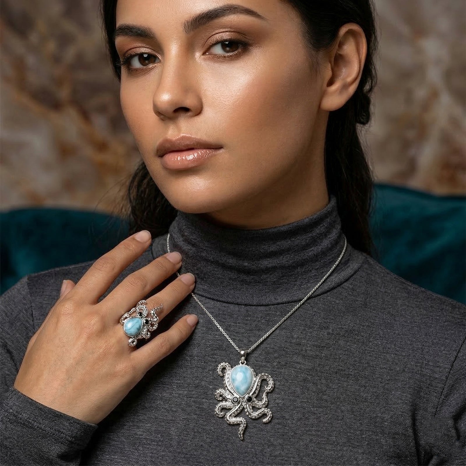 GP Trionfo Kollektion - Larimar, schwarzer Spinell und blauer Saphir Ring und Anhänger mit 45cm Kette