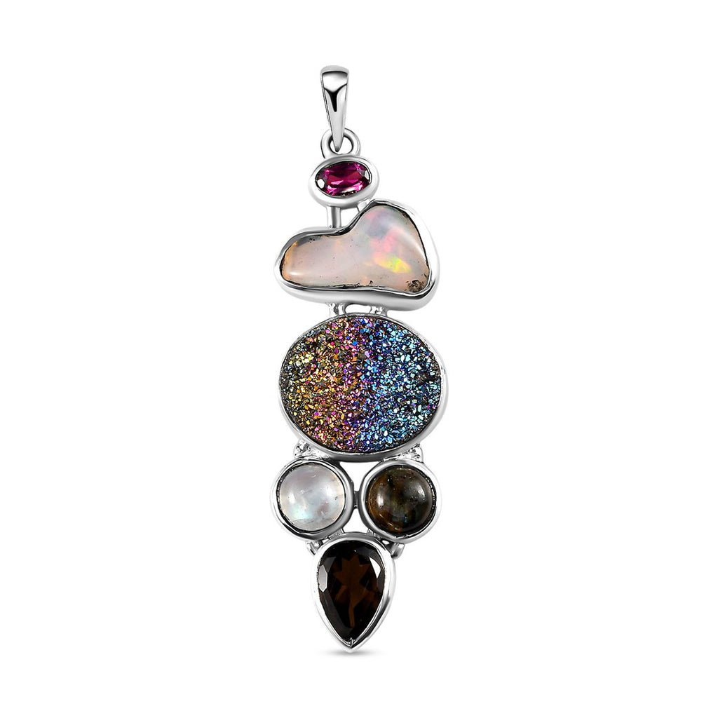 Regenbogen-Drusen Quarz und natürlicher, äthiopischer Welo Opal Anhänger, 925 Silber platiniert ca. 9,77 ct
