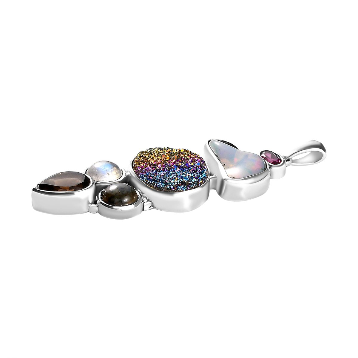 Regenbogen-Drusen Quarz und natürlicher, äthiopischer Welo Opal Anhänger, 925 Silber platiniert ca. 9,77 ct