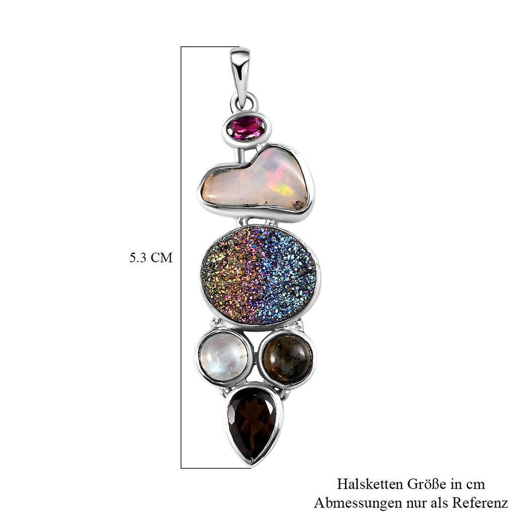 Regenbogen-Drusen Quarz und natürlicher, äthiopischer Welo Opal Anhänger, 925 Silber platiniert ca. 9,77 ct