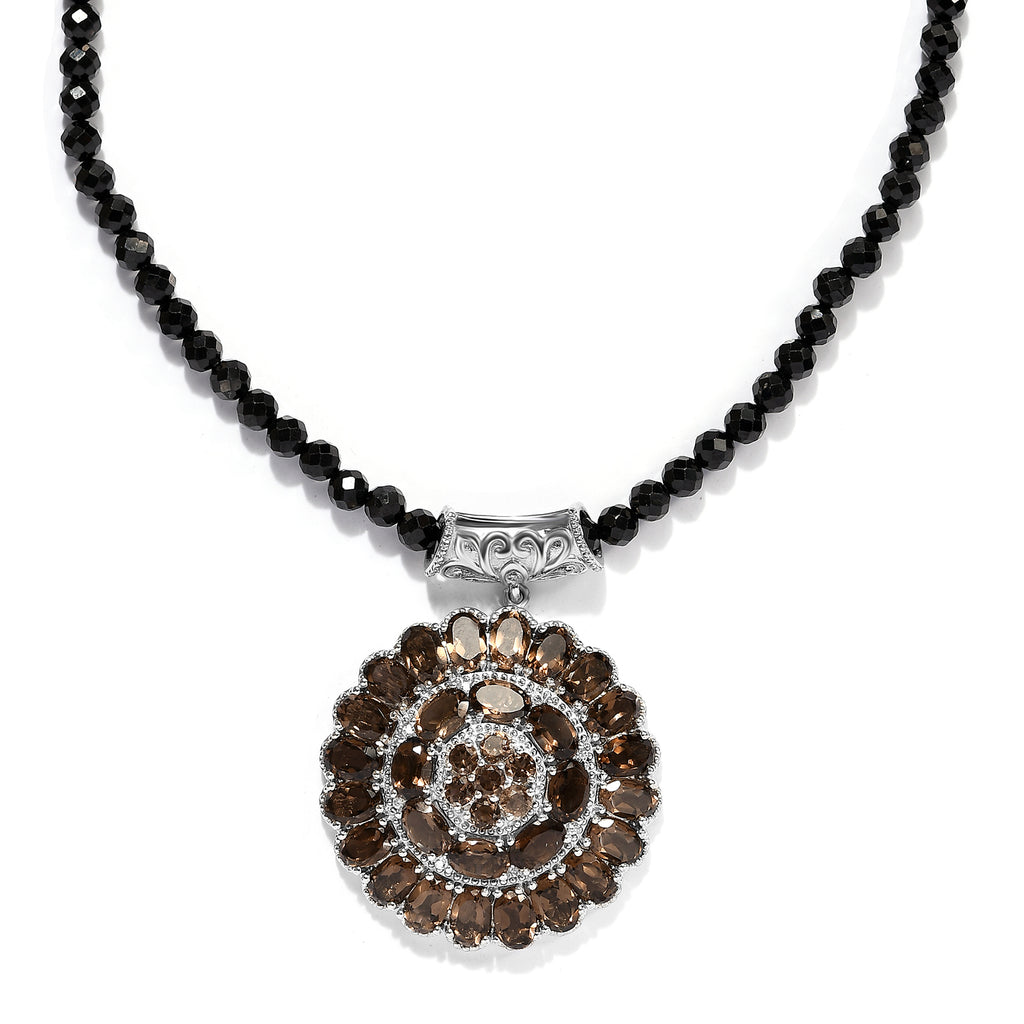 Schwarze Spinell und Rauchquarz Halskette, ca. 50 cm, 925 Silber platiniert ca. 72.38 ct