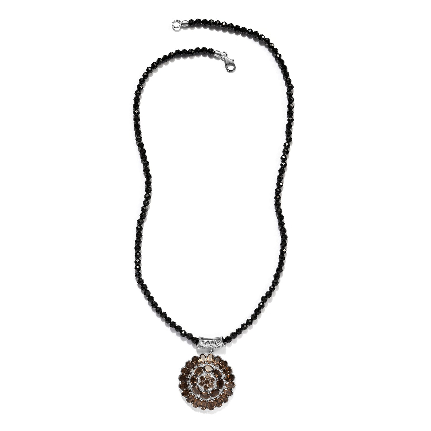 Schwarze Spinell und Rauchquarz Halskette, ca. 50 cm, 925 Silber platiniert ca. 72.38 ct