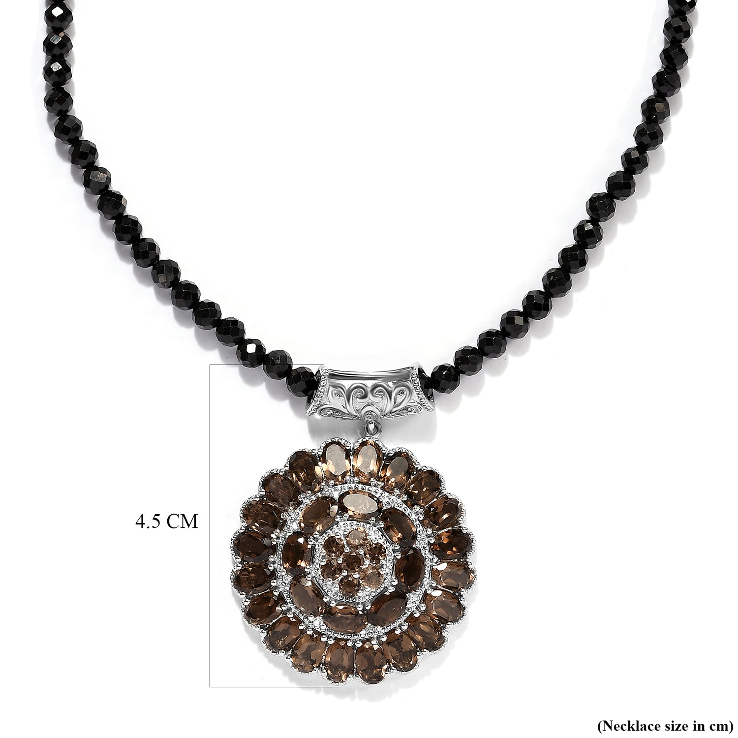 Schwarze Spinell und Rauchquarz Halskette, ca. 50 cm, 925 Silber platiniert ca. 72.38 ct