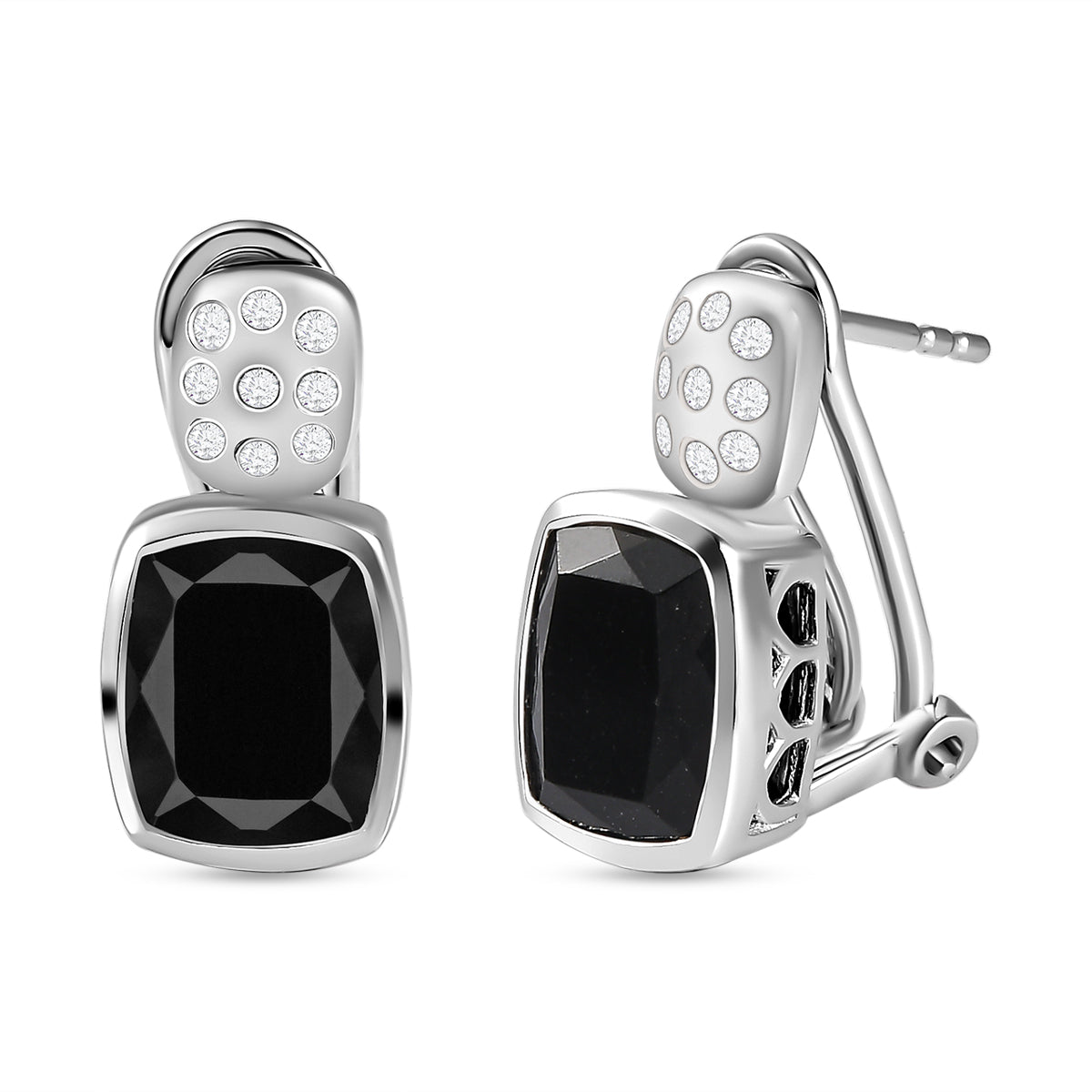 Schwarze Turmalin und weiße Zirkon Ohrringe, 925 Silber platiniert ca. 6.64 ct