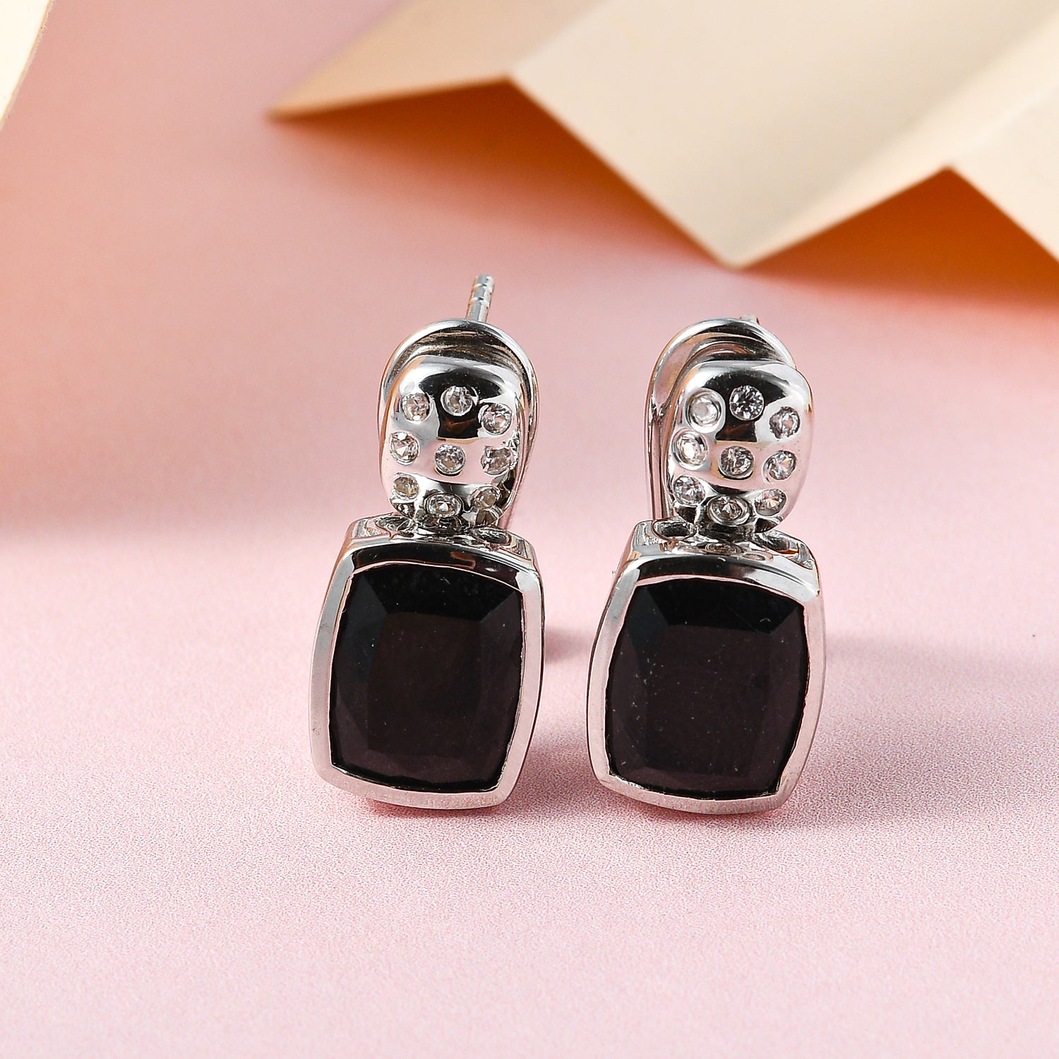 Schwarze Turmalin und weiße Zirkon Ohrringe, 925 Silber platiniert ca. 6.64 ct