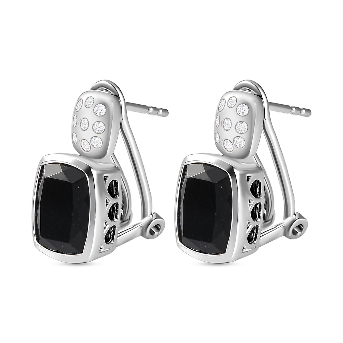 Schwarze Turmalin und weiße Zirkon Ohrringe, 925 Silber platiniert ca. 6.64 ct