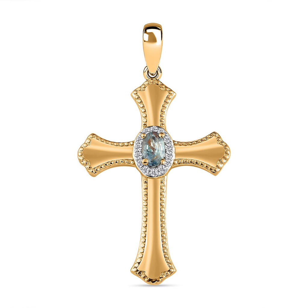 Alexandrit und weißer Zirkon Kreuz-Anhänger, 925 Silber Gelbgold Vermeil, ca. 0.36 ct