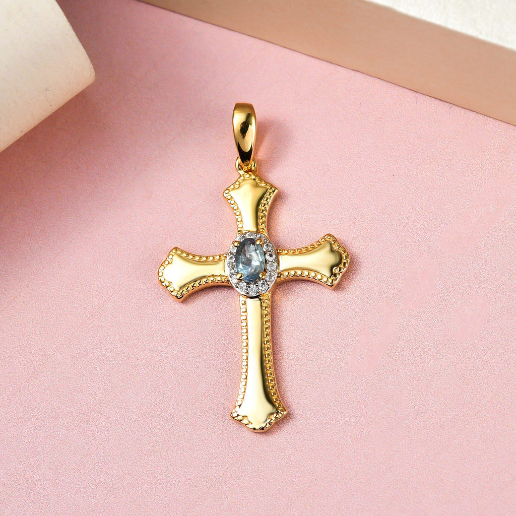 Alexandrit und weißer Zirkon Kreuz-Anhänger, 925 Silber Gelbgold Vermeil, ca. 0.36 ct