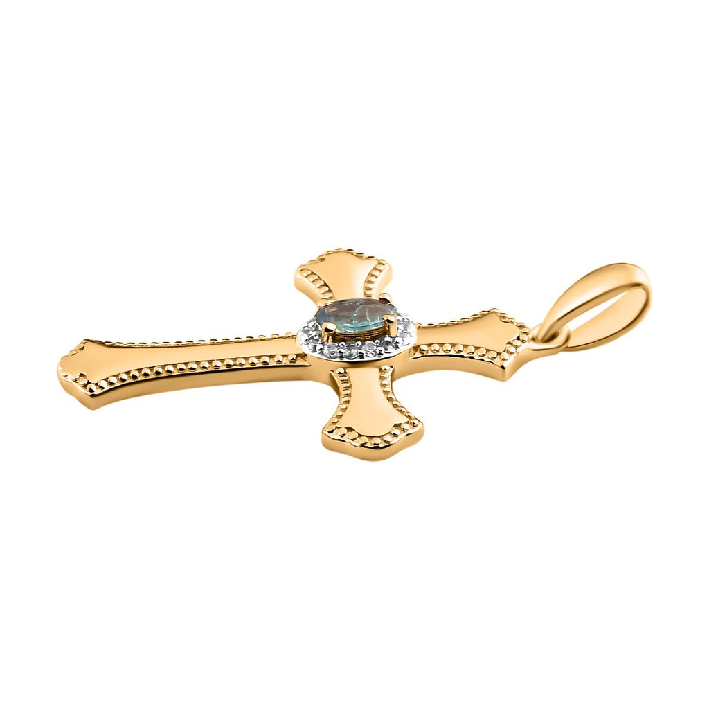 Alexandrit und weißer Zirkon Kreuz-Anhänger, 925 Silber Gelbgold Vermeil, ca. 0.36 ct