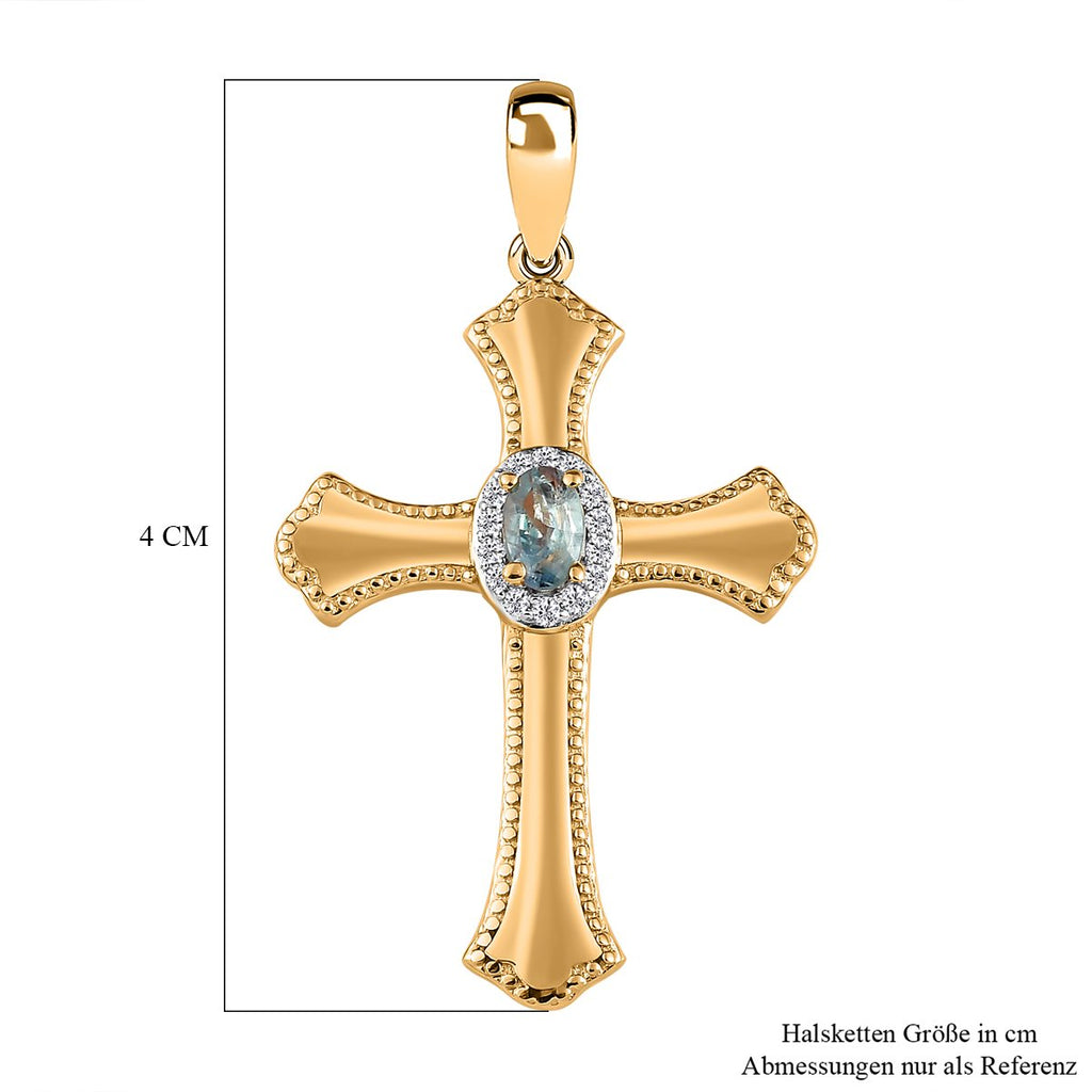 Alexandrit und weißer Zirkon Kreuz-Anhänger, 925 Silber Gelbgold Vermeil, ca. 0.36 ct