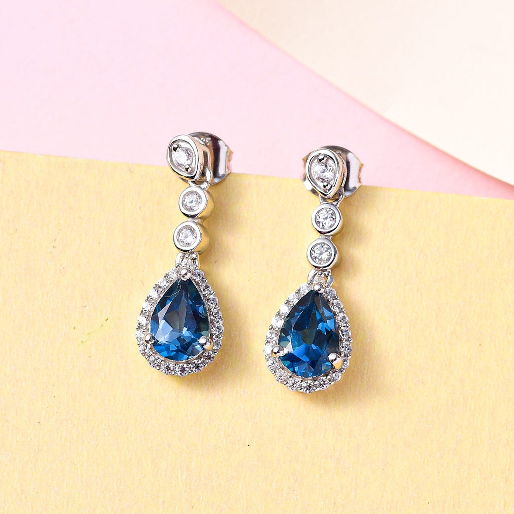 London Blau Topas, Weißer Zirkon Ohrringe, 925 Silber platiniert ca. 3.69 ct