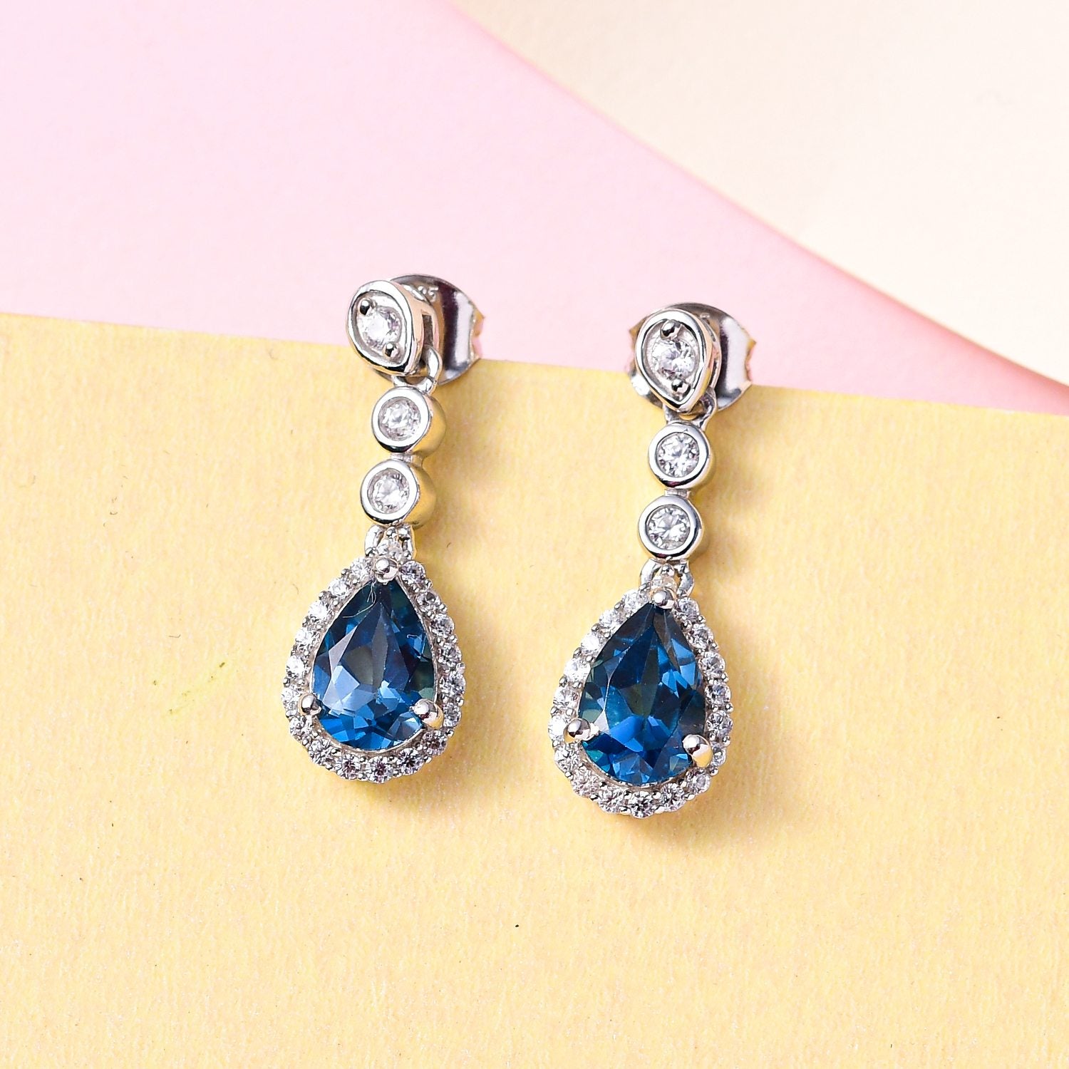 London Blau Topas, Weißer Zirkon Ohrringe, 925 Silber platiniert ca. 3.69 ct
