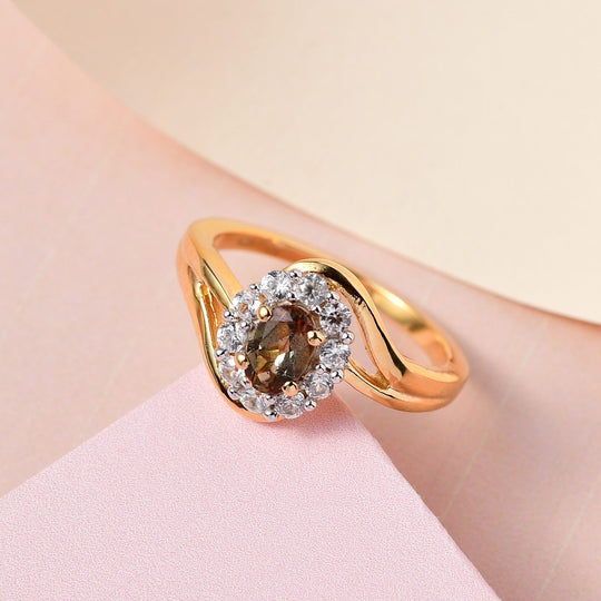 Natürlicher Jenipapo Andalusit und weißer Zirkon Ring, 925 Silber vergoldet (Größe 21.00) ca. 0.98 ct