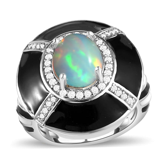 GP Kollektion - Natürlicher, äthiopischer Welo Opal und weißer Zirkon Ring, 925 Silber platiniert ca. 2.21 ct