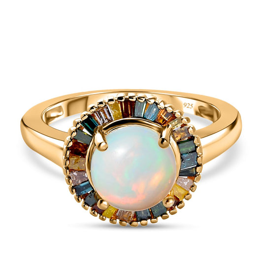 Natürlicher, äthiopischer Welo Opal, mehrfarbiger Diamant Ring, 925 Silber Gelbgold Vermeil (Größe 20.00) ca. 1.82 ct