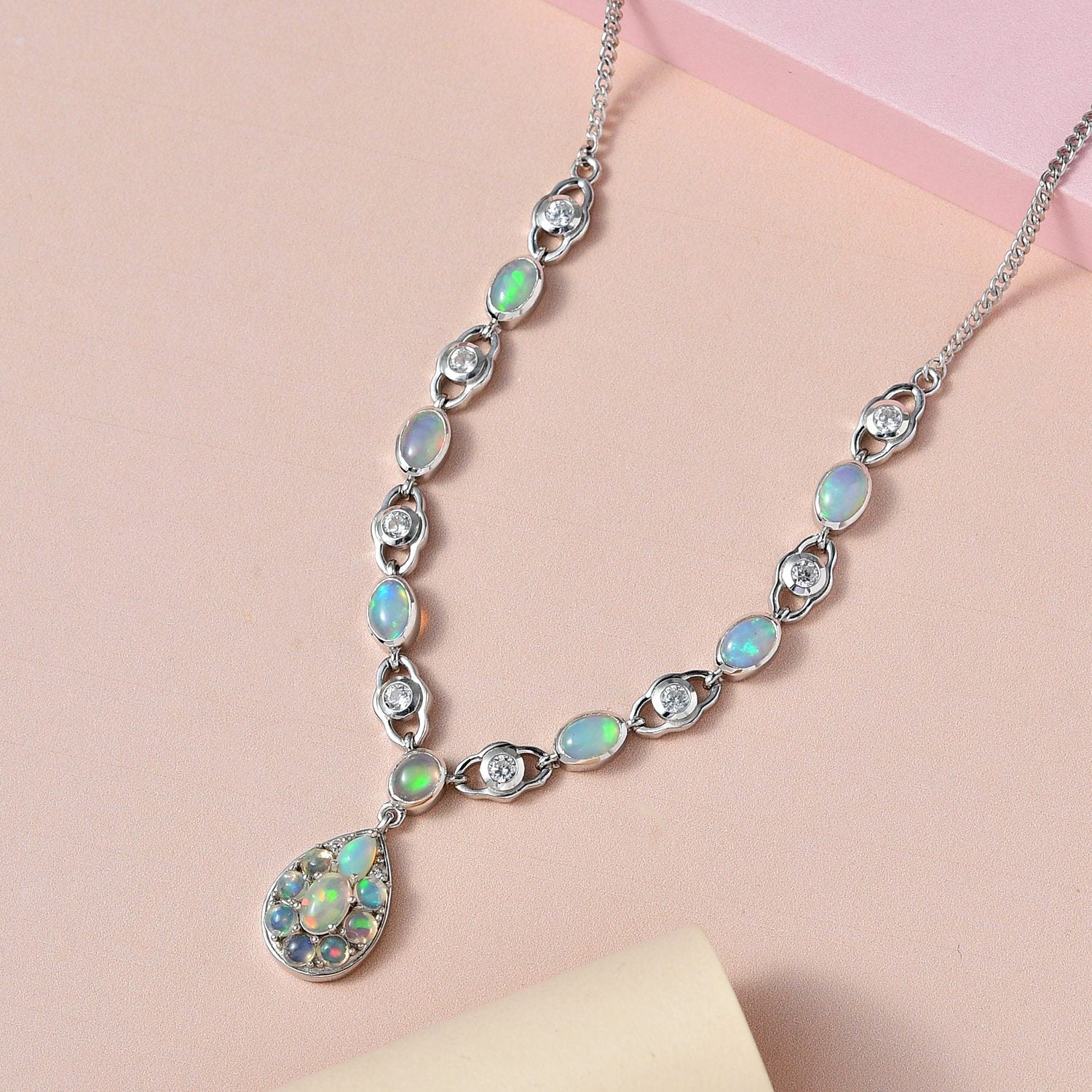 Natürlicher, äthiopischer Welo Opal Halskette ca. 45 cm 925 Silber platiniert ca. 4.35 ct