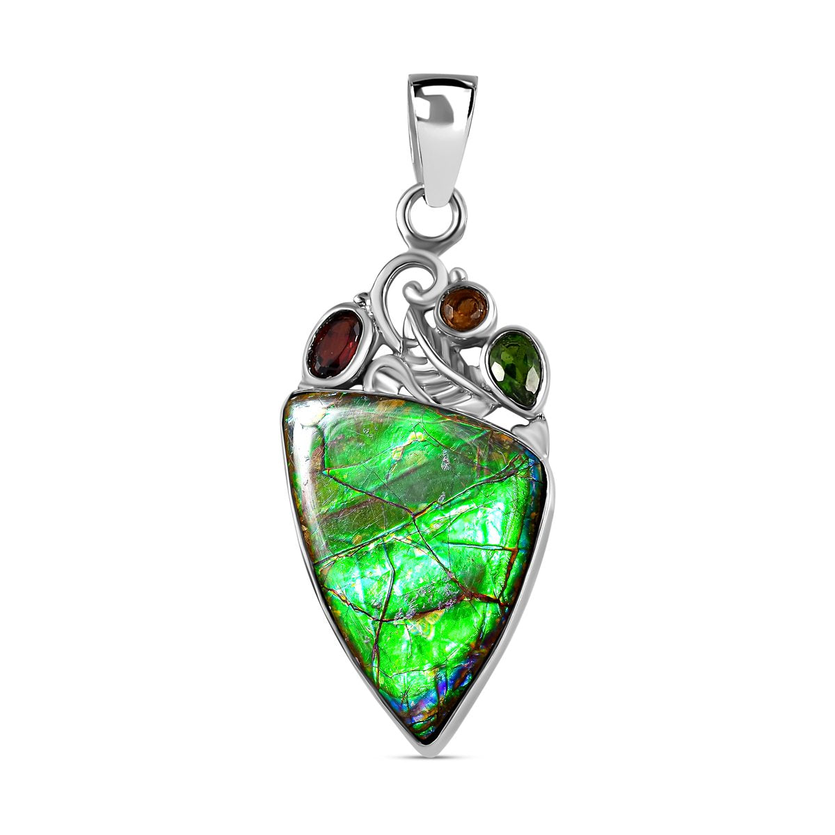 Kanadische Ammolit und roter Granat Anhänger, 925 Silber platiniert ca. 17.59 ct