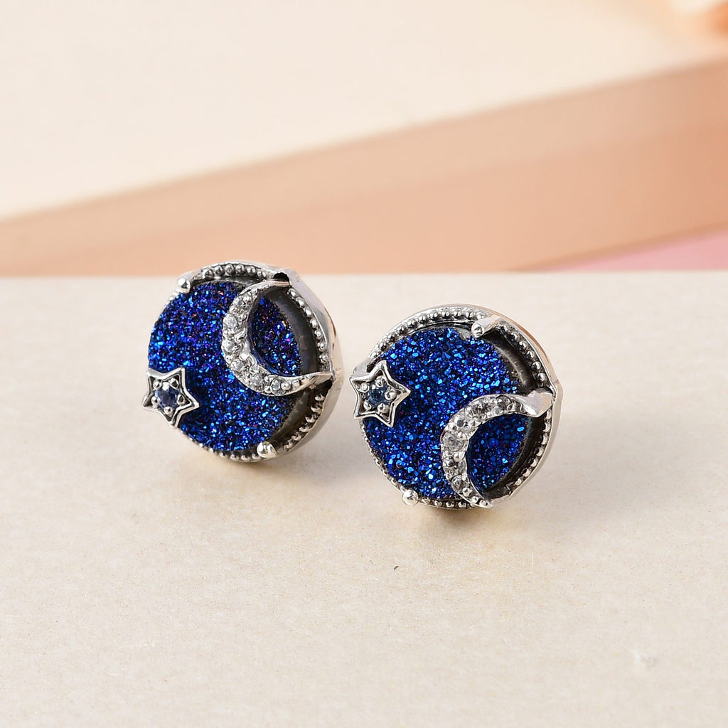 GP Celestial Kollektion - Blaue Drusen Quarz und Tansanit Ohrringe, 925 Silber platiniert ca. 6.60 ct