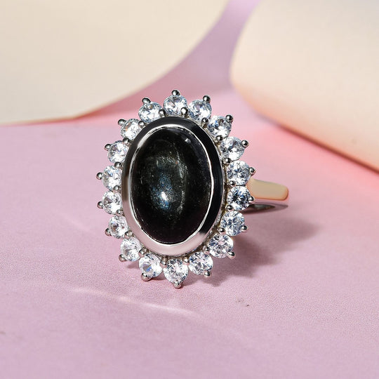 Schwarzer Stern Diopsid, weißer Zirkon Ring, 925 Silber platiniert, (Größe 19.00) ca. 9.79 ct