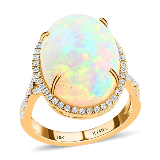 Iliana AAA Natürlicher, äthiopischer Welo Opal, Weißer Diamant SI-GH Ring, AGI zertifiziert und geprüft, 750 Gelb Gold (Größe 18.00) ca. 9,50 ct