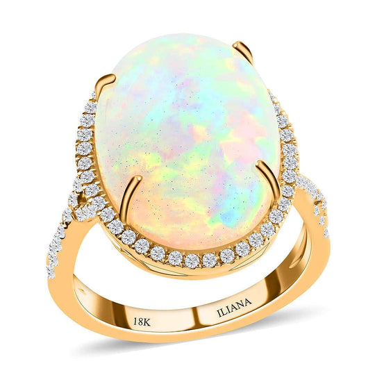 Iliana AAA Natürlicher, äthiopischer Welo Opal, Weißer Diamant SI-GH Ring, AGI zertifiziert und geprüft, 750 Gelb Gold (Größe 18.00) ca. 9,50 ct