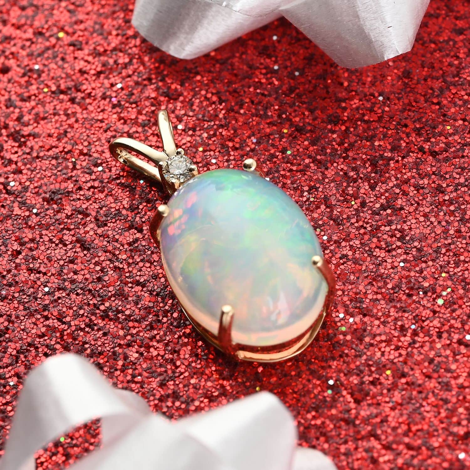 AAA Natürlicher, äthiopischer Welo Opal, weißer Diamant Anhänger, zertifiziert und geprüft, 585 Gold ca. 3,60 ct
