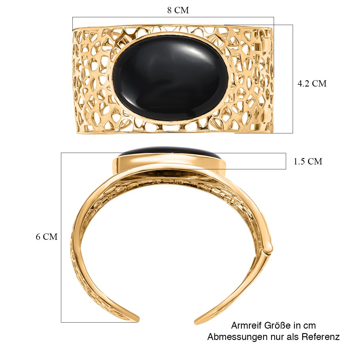 Schwarzer Onyx Armreif, ca. 19 cm, Messing vergoldet ca. 73.87 ct