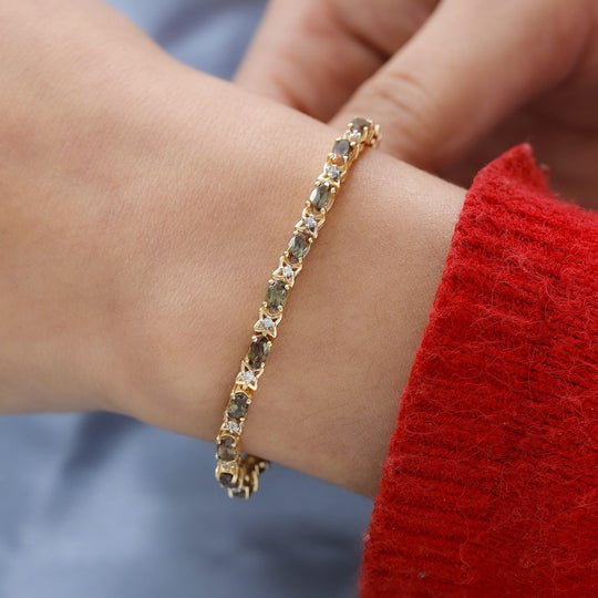 Natürliches Jenipapo Andalusit und weißes Zirkon Armband, ca. 19 cm, 925 Silber Gelbgold Vermeil ca. 6.02 ct
