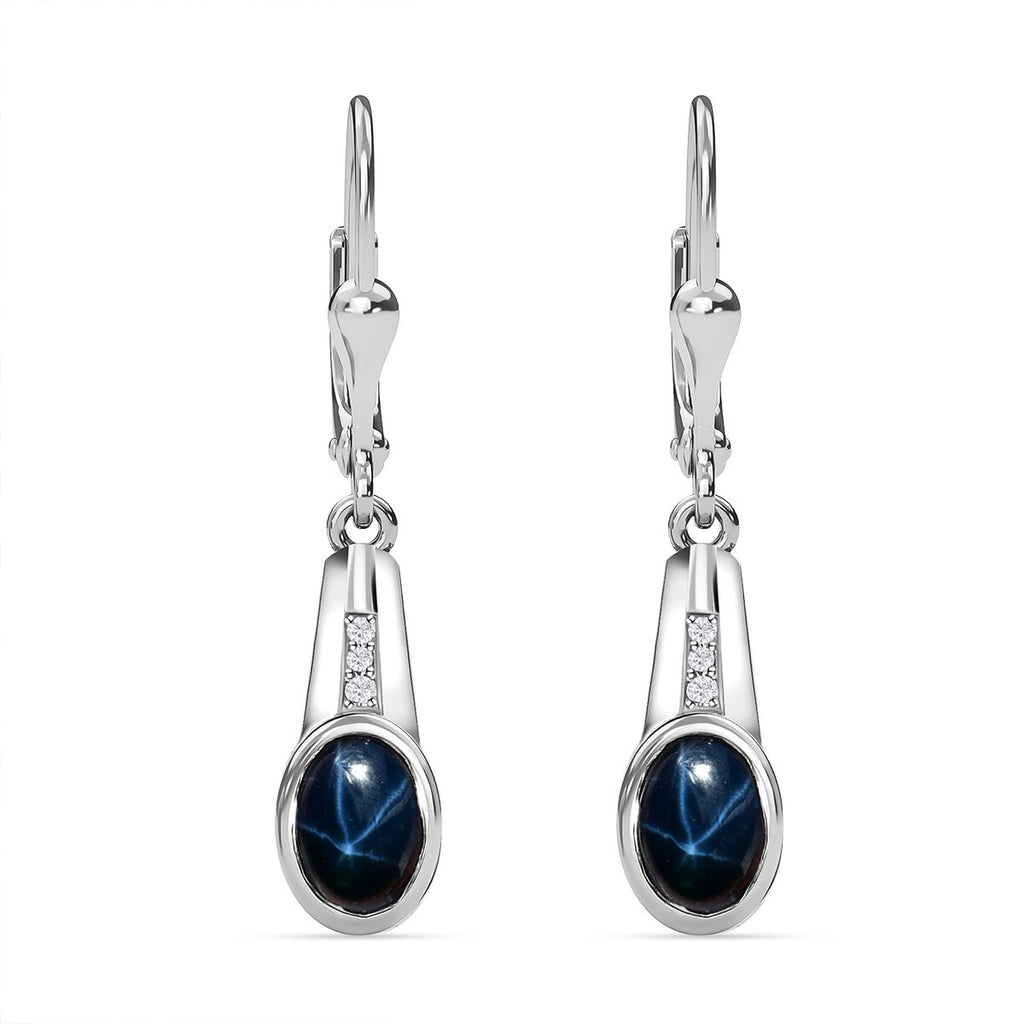 Blauer Stern Saphir (Diffundierter), Weißer Zirkon Ohrringe, 925 Silber platiniert ca. 2.72 ct