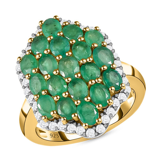 Kagem Sambischer Smaragd, weißer Zirkon Ring, 925 Silber vergoldet (Größe 20.00) ca. 3.06 ct