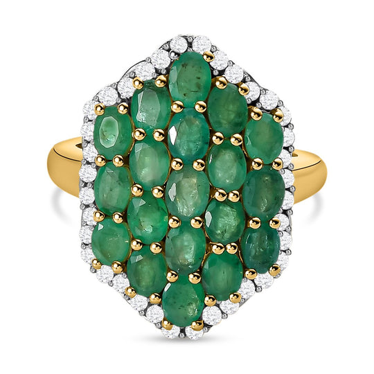 Kagem Sambischer Smaragd, weißer Zirkon Ring, 925 Silber vergoldet (Größe 20.00) ca. 3.06 ct