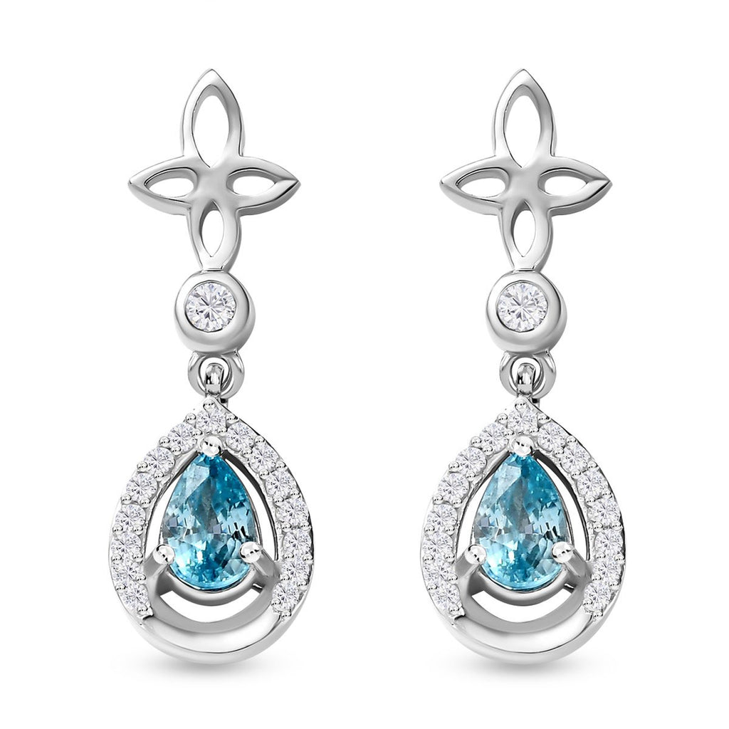 Kambodschanische, blaue und weiße Zirkon Ohrringe, 925 Silber platiniert ca. 1.58 ct