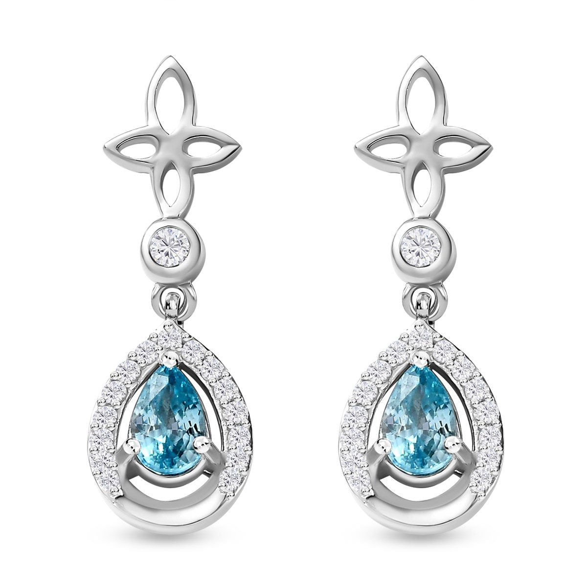 Kambodschanische, blaue und weiße Zirkon Ohrringe, 925 Silber platiniert ca. 1.58 ct