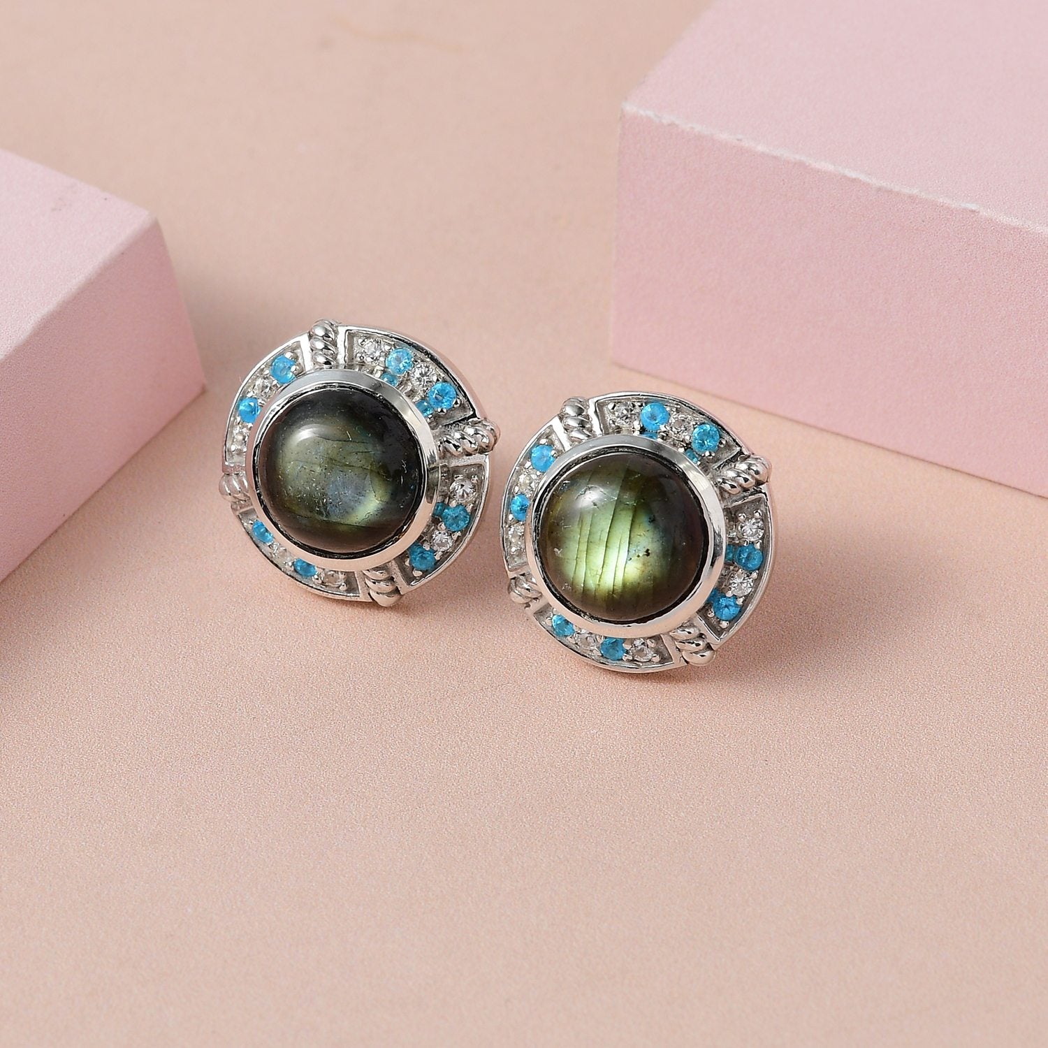 GP Kollektion - Labradorit, Kanchanaburi blaue Saphir Ohrringe, 925 Silber platiniert ca. 10.24 ct