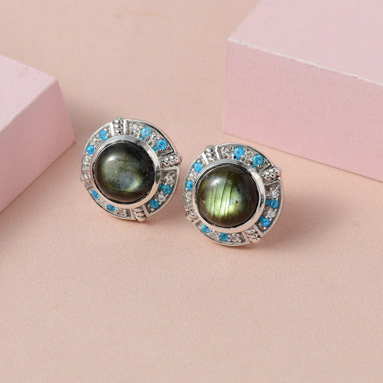 GP Kollektion - Labradorit, Kanchanaburi blaue Saphir Ohrringe, 925 Silber platiniert ca. 10.24 ct