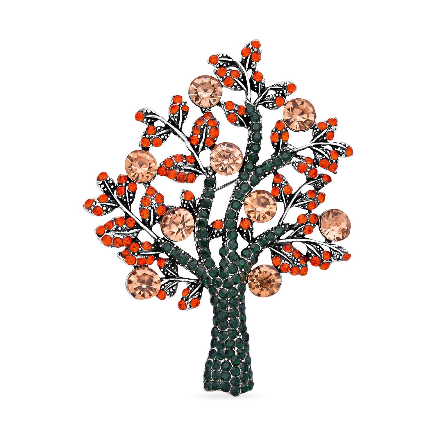 Orangene Kristall Lebensbaum Brosche, Antik-Silber-Plattierung