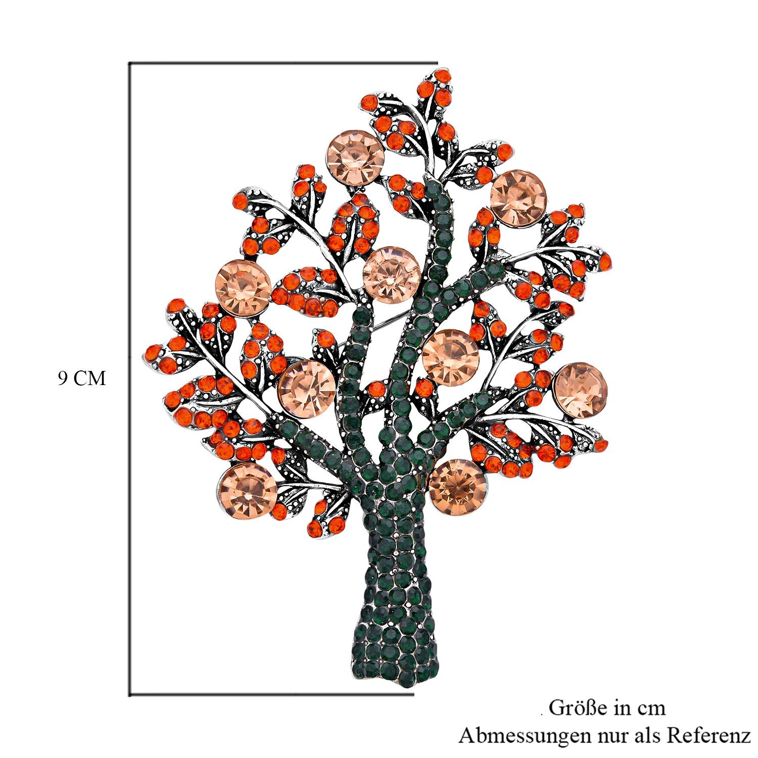 Orangene Kristall Lebensbaum Brosche, Antik-Silber-Plattierung