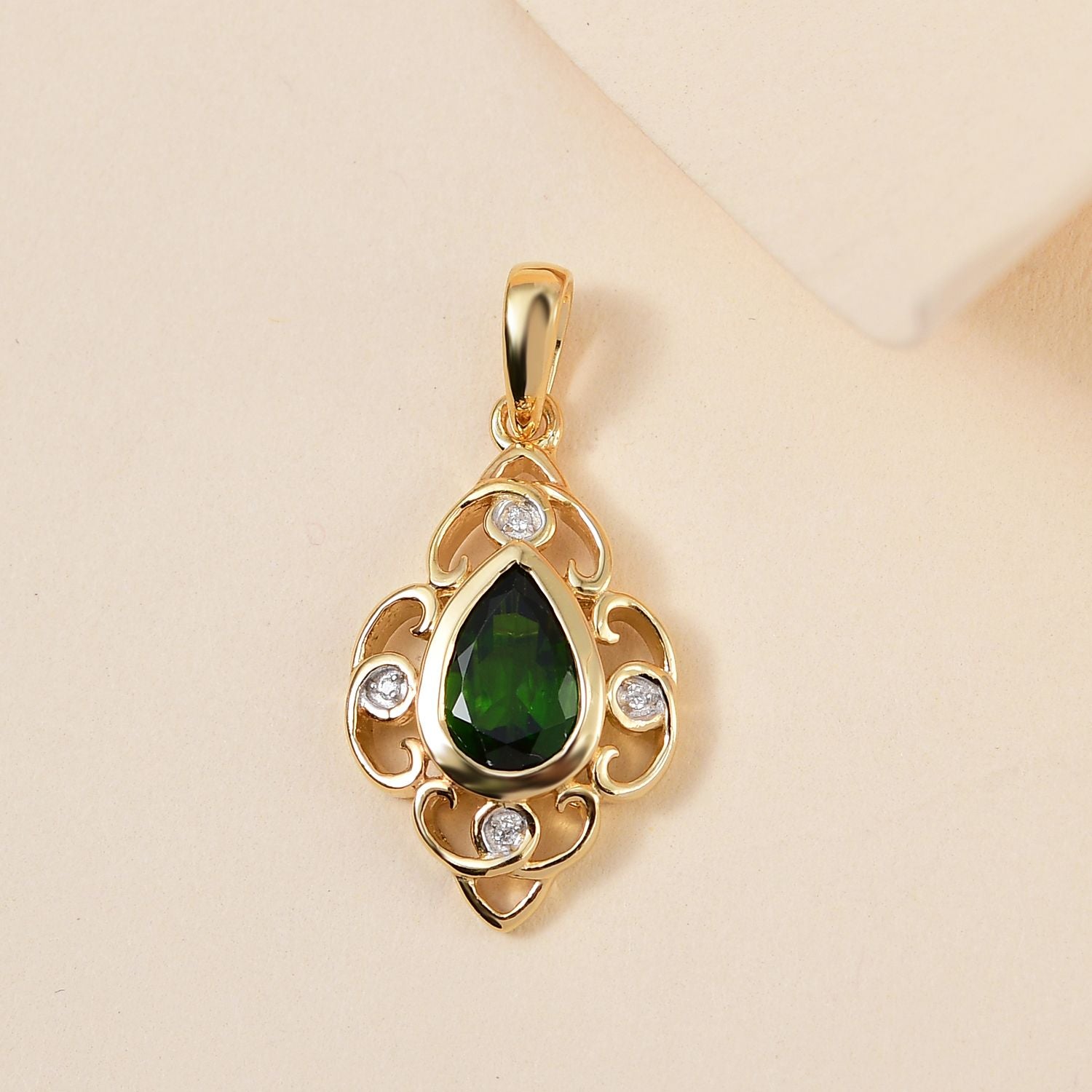 Natürlicher Chromdiopsid und weißer Zirkon Anhänger, 925 Silber vergoldet ca. 1.36 ct