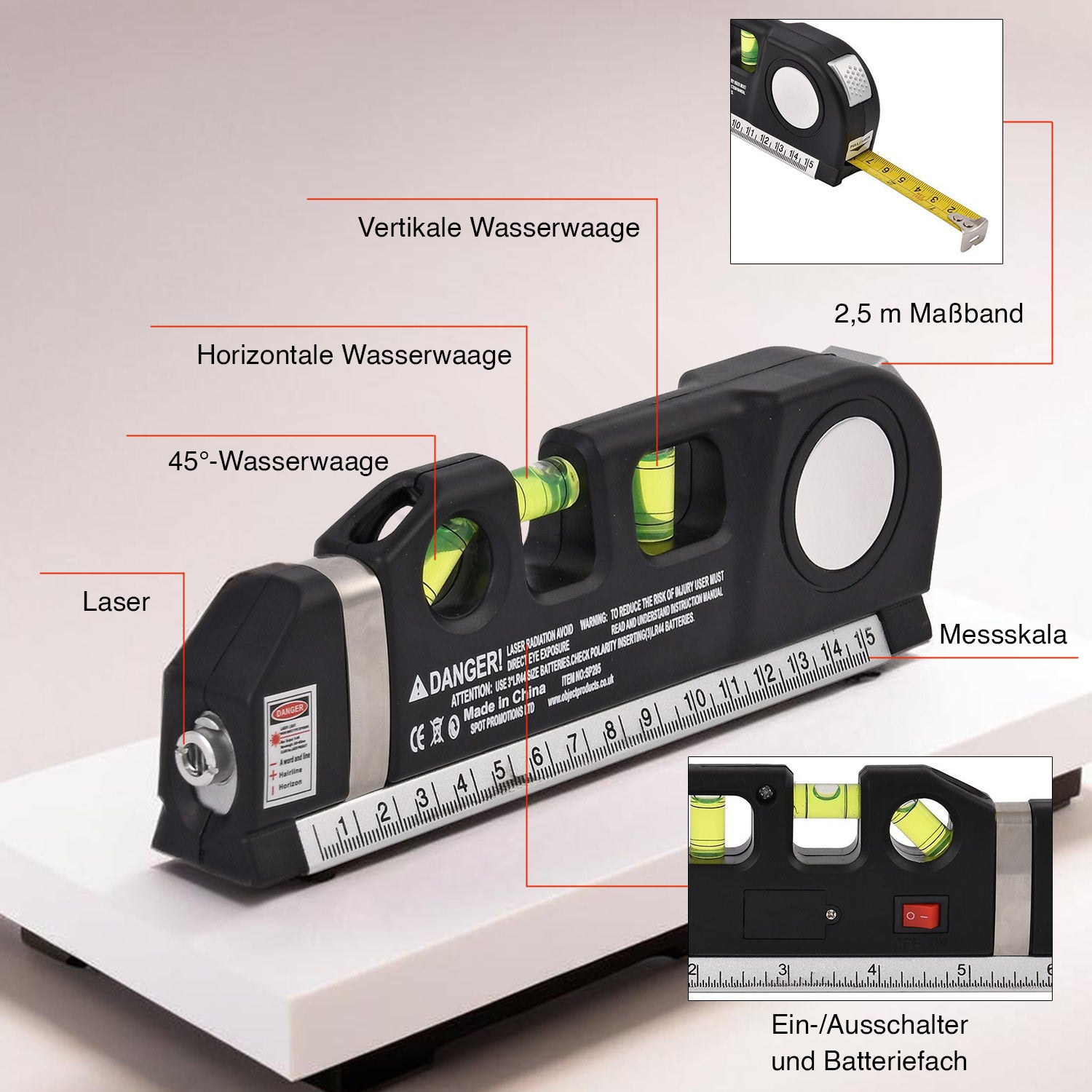Multifunktionales Laser-Wasserwaage-Set mit Maßband, 3 Libellen & 3 Laserlinienmodi, inkl. Batterien, 18,8x3,5x6,3 cm