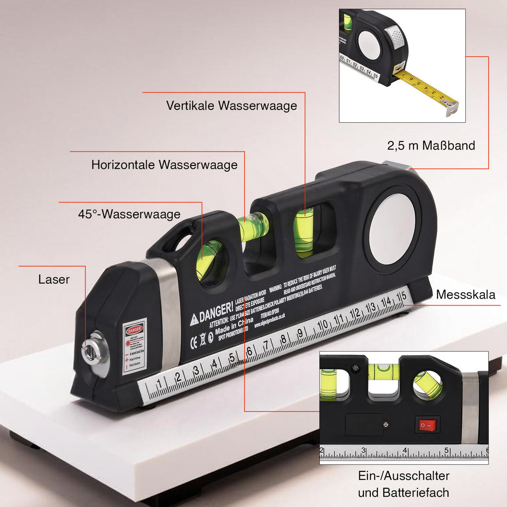 Multifunktionales Laser-Wasserwaage-Set mit Maßband, 3 Libellen & 3 Laserlinienmodi, inkl. Batterien, 18,8x3,5x6,3 cm