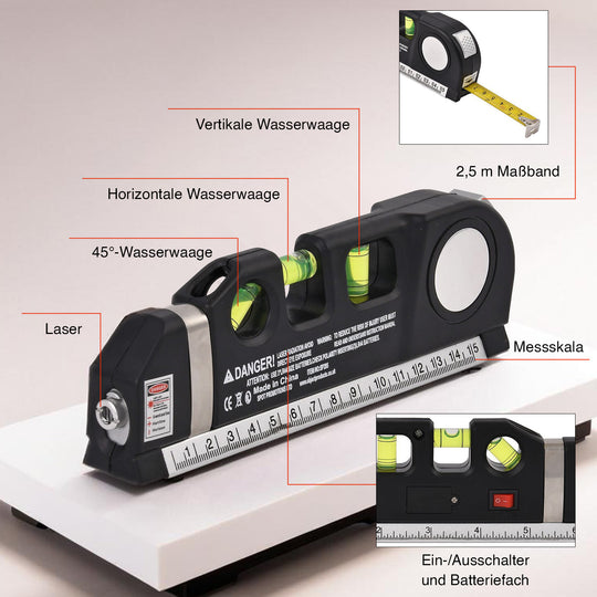 Multifunktionales Laser-Wasserwaage-Set mit Maßband, 3 Libellen & 3 Laserlinienmodi, inkl. Batterien, 18,8x3,5x6,3 cm