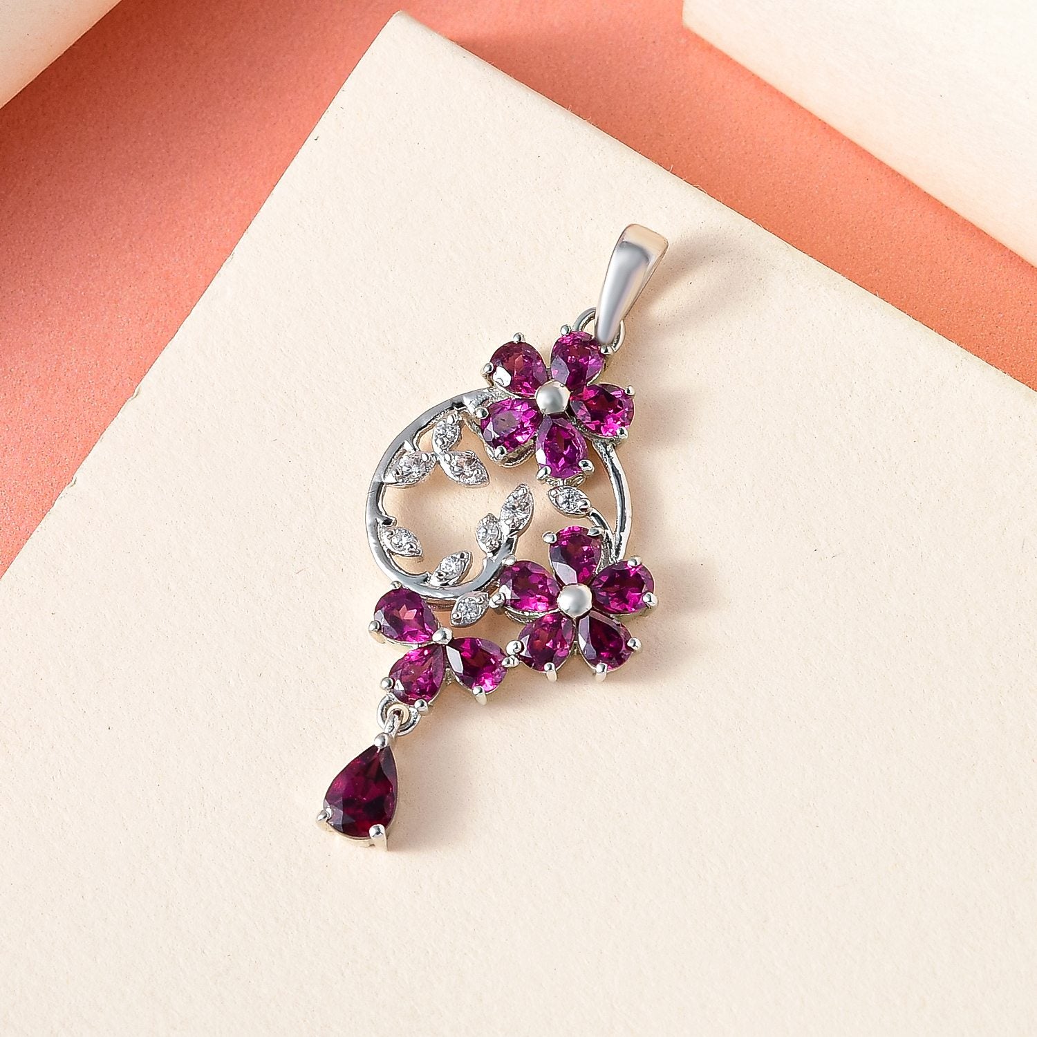 Rhodolith Granat Anhänger, 925 Silber platiniert ca. 3.18 ct