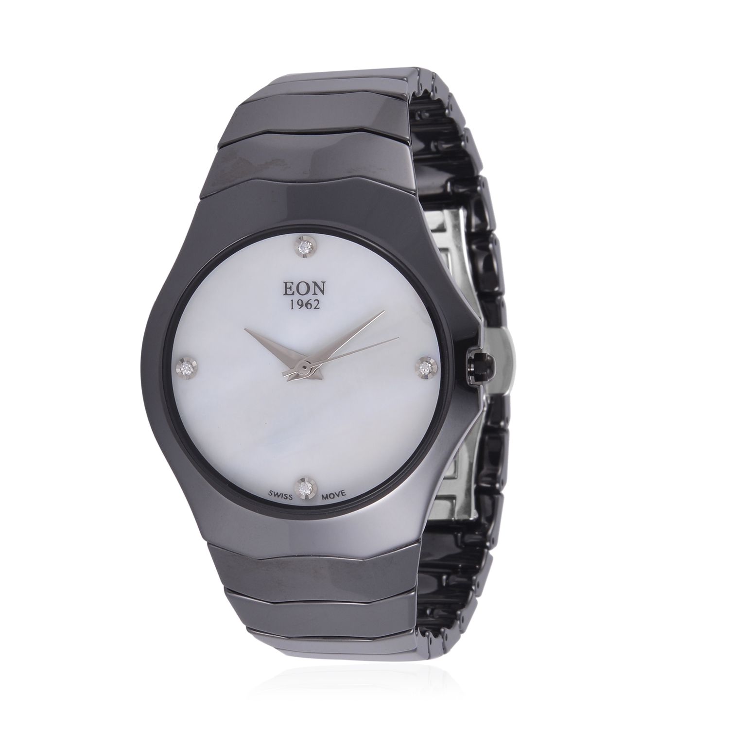 EON 1962 schweizer Uhrwerk - Moissanit-Uhr mit weißem Perlmutt Ziffernblatt, Keramik Armband, 42 mm