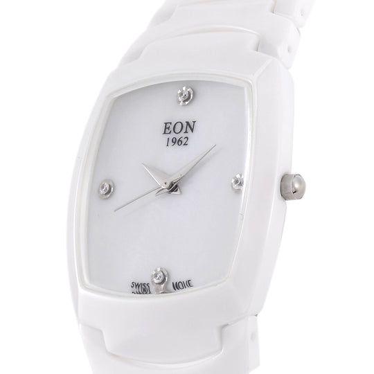 EON 1962 Moissanit Uhr mit schweizer Uhrwerk, Keramikarmband und Perlmutt Ziffernblatt, 19 cm