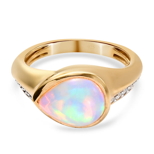 Natürlicher, äthiopischer Opal und Zirkon-Ring, 925 Silber Gelbgold Vermeil ca. 1.76 ct