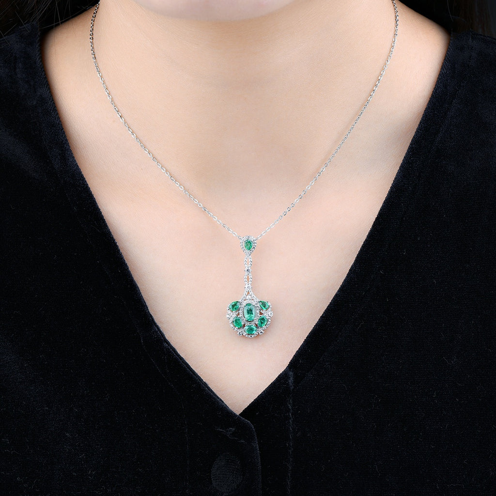 AAA Kagem sambischer Smaragd und Zirkon-Anhänger mit kette, 925 Silber rhodiniert ca. 1,60 ct