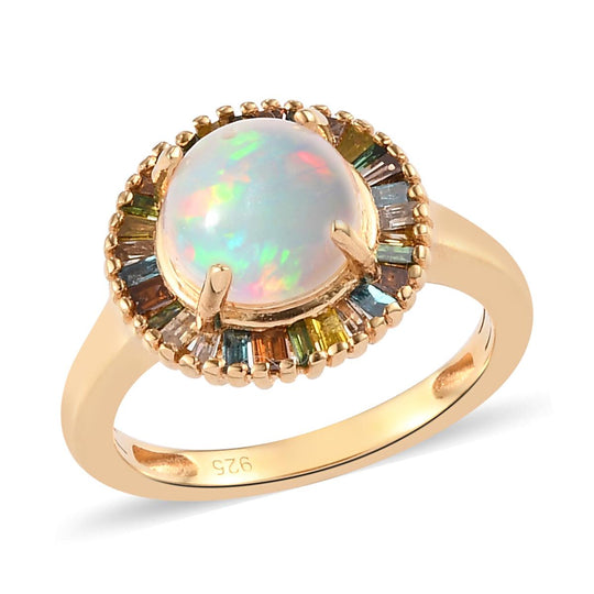 Natürlicher, äthiopischer Opal und mehrfarbiger Diamant-Ring, 925 Silber Gelbgold Vermeil (Größe 16.00) ca. 1.70 ct