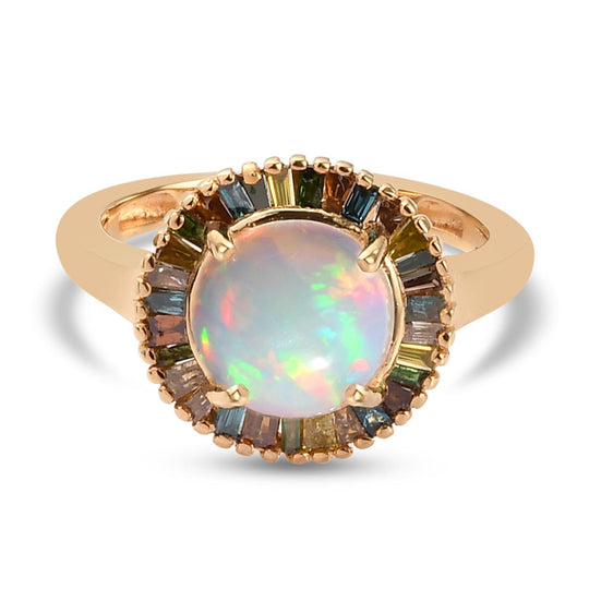 Natürlicher, äthiopischer Opal und mehrfarbiger Diamant-Ring, 925 Silber Gelbgold Vermeil (Größe 16.00) ca. 1.70 ct